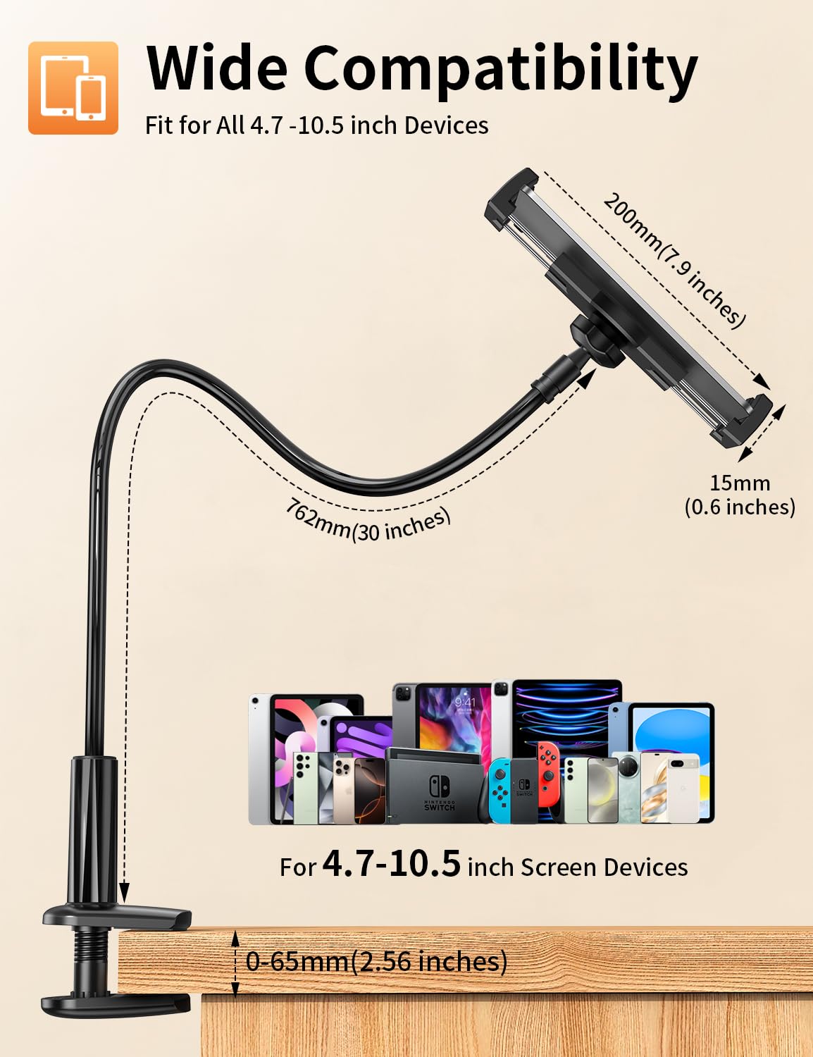 Gooseneck Tablet Holder Stand for Bed Adjustable Flexible Long Arm Tablets Mount Clamp on Table Compatible with iPad Air Mini | Galaxy Tabs | Kindle Fire | Switch or Other 4.7-12.9