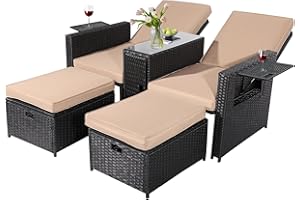 VUYUYU 5PCS Outdoor Wicker Chaise Lounge Chair - Rattan Adjustable Reclining Patio Lounge Chair with Ottoman and Coffee Table, for Patio Beach Pool Backyard (Black Wicker Khaki Cushion)