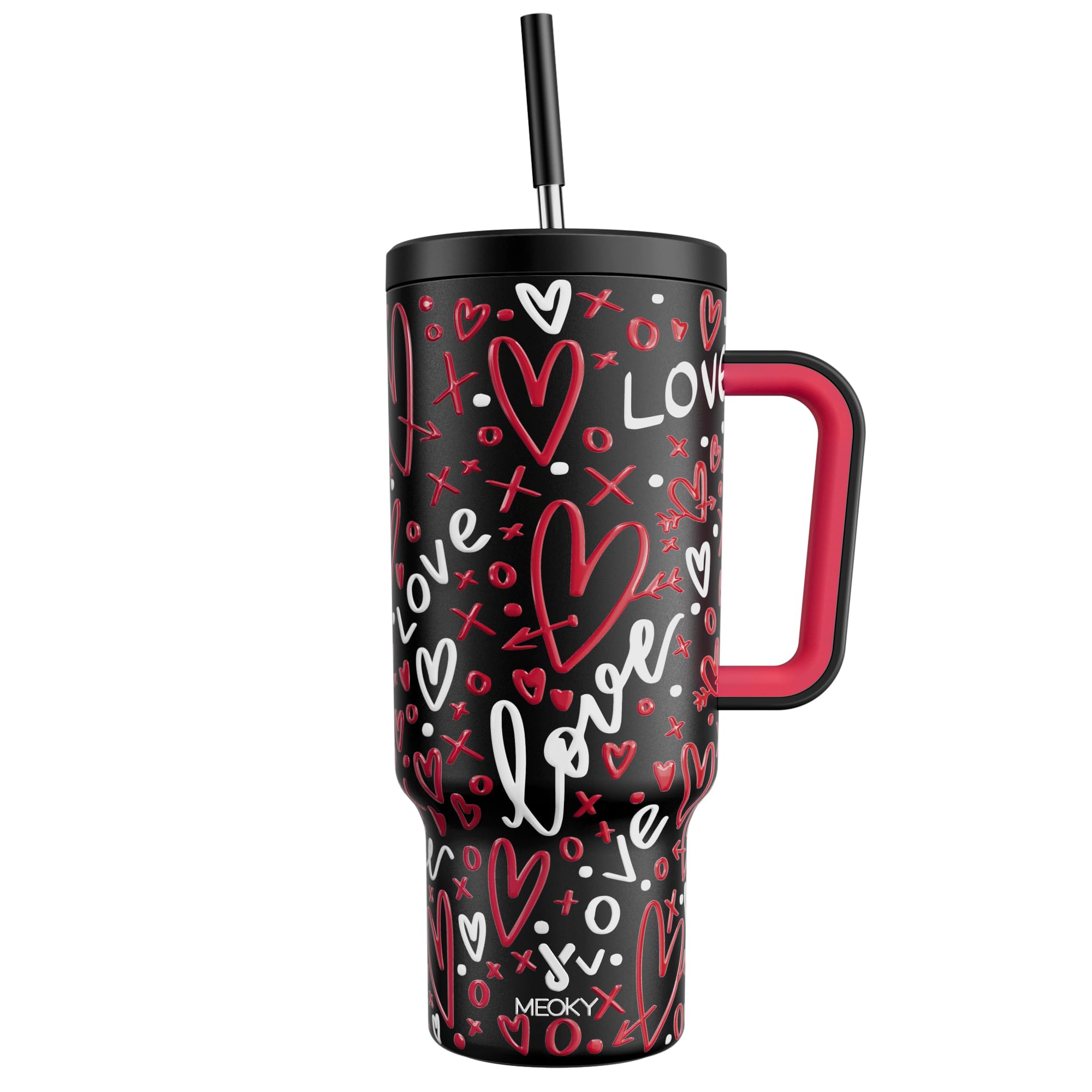 Meoky 40 oz Tumbler with Handle and Straw, Valentines Day Tumbler with Lid and Straw, Insulated Stainless Steel Travel Mug, 100% Leak-proof, Keeps Cold for 34 Hours or Hot for 10 Hours (Romance)