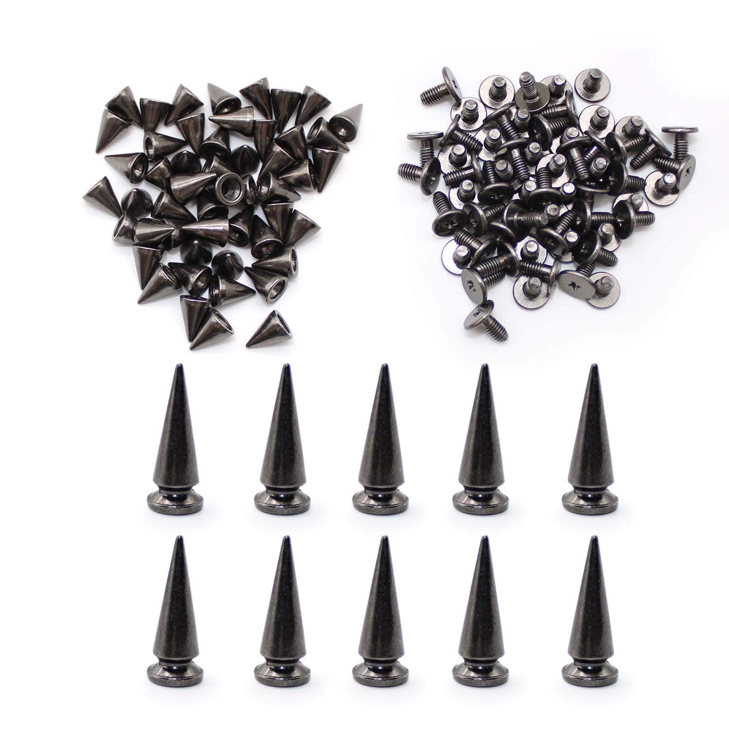 WJUAN 50 Pcs Height 9.5 mm Metal Cone Punk Rivets and 10 Pcs Height 24 mm Spikes Rivet Punk, DIY Craft Punk Rivets with Screw for Bags Leather Craft Projects Clothes