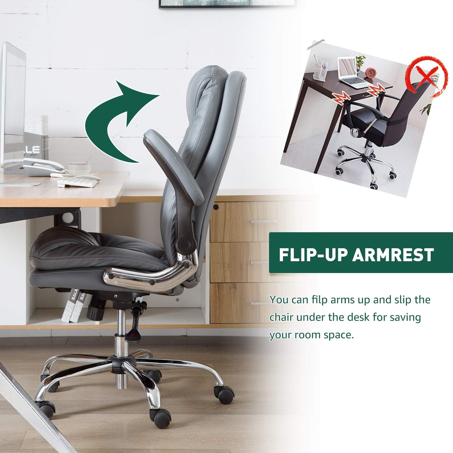 YAMASORO High-Back Executive Office Chair Big and Tall Home Office Desk Chairs PU Leather Ergonomic Computer Chair for Heavy People,with Flip Arms and Wheels,Swivel, Black: Furniture & Decor