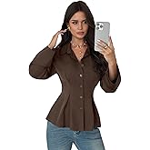 SweatyRocks Women's Cinched Waist Pleated Button Down Shirt Business Blouse Work Tops