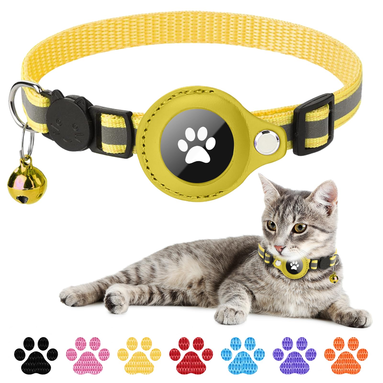 Boloshine Reflective Airtag Cat Collar, Anti-Lost Cat Tracker Collar with AirTag Adjustable Holder & Bell, Lightweight GPS Cat Collar Compatible with Apple Airtag for Small Cats Kitten Puppy (Yellow)