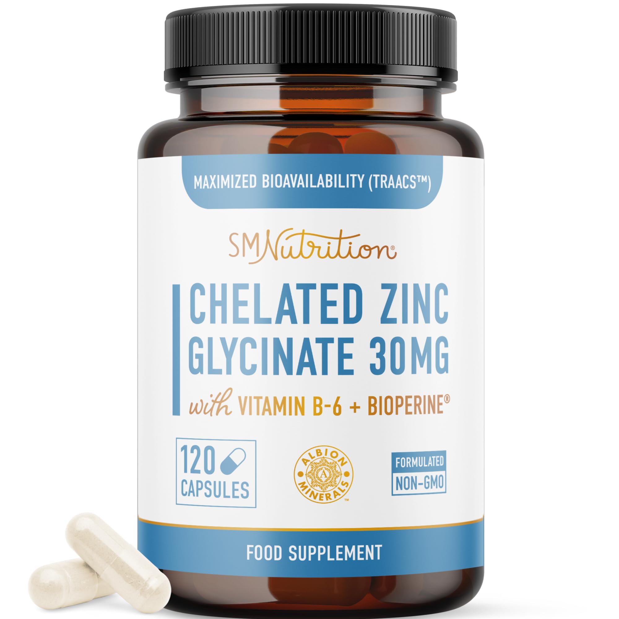 Chelated Zinc Supplements - Zinc Glycinate 30 mg (120 Capsules) Highly-Absorbable TRAACS Chelated with Vitamin B6 & BioPerine - Immune & Skin Health Support - Non-GMO, Gluten-Free - 4 Month Supply