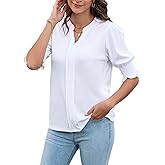 Vipwest Women's Dressy Casual Tops 2025 Summer V Neck Smocked Half Sleeve Pleated T Shirts Business Work Blouses