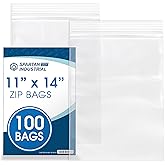 Spartan Industrial - 11” X 14” (100 Count) 2 Mil Clear Reclosable Zip Plastic Poly Bags with Resealable Lock Seal Zipper