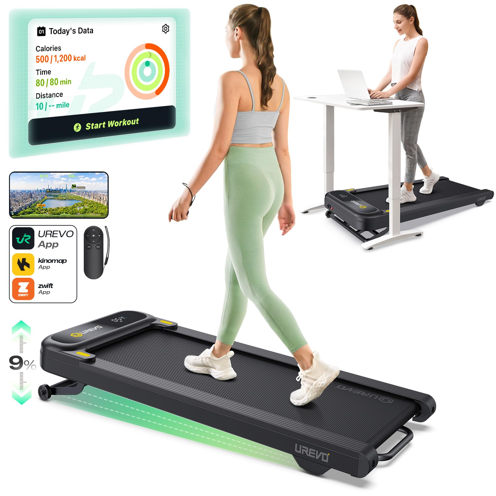 Photo 1 of Smart Treadmill with 9% Auto Incline, Hiking and Running Walking Pad Treadmills for Home Office, Treadmill with UREVO APP, AI Powered Music Course, HIIT Programs Synced to Scenic Route, One-Click Mute
