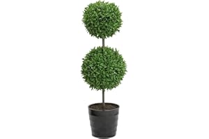Admired By Nature 18 Inch Artificial Boxwood Topiary Plants - 2 Ball-Shape Faux Topiaries with Planters for Home Decor, Office Desk, Front Porch Indoor and Outdoor - Green with Black Pot, 1 Pack