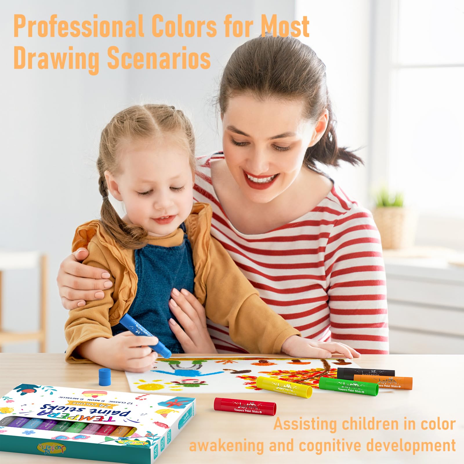 24 Colors Tempera Paint Sticks with 120 PDF Coloring Pages and 30 Stickers, Quick Drying, Smooth, Non-Toxic and Washable Paint Sticks for Kids, Art Supplies for Drawing on Various Objects