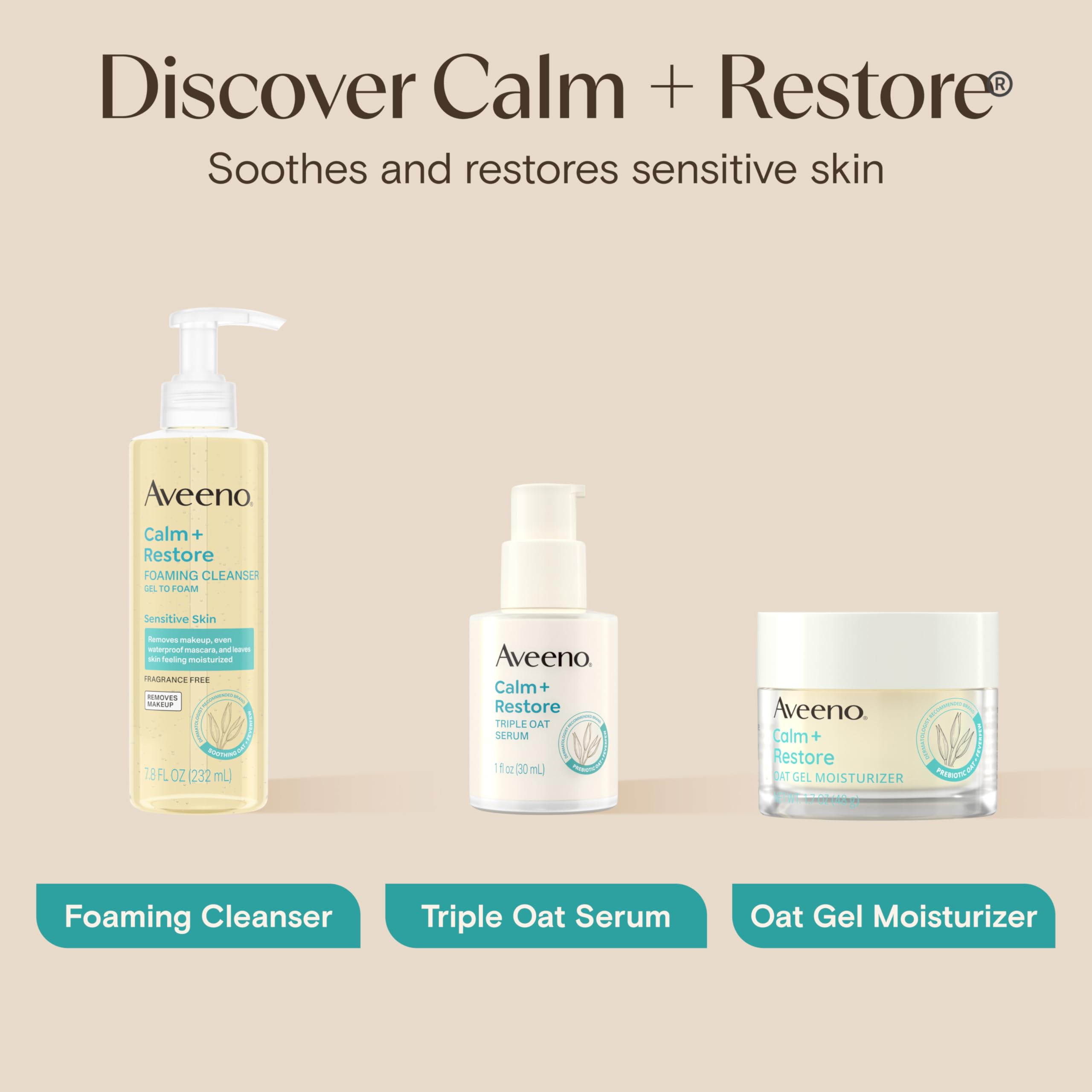 Aveeno Calm + Restore Oat Gel Facial Moisturizer for Sensitive Skin, Fast-Absorbing, Soothing Lightweight Gel Cream with Prebiotic Oat & Feverfew, Fragrance-Free & Hypoallergenic, 1.7 oz
