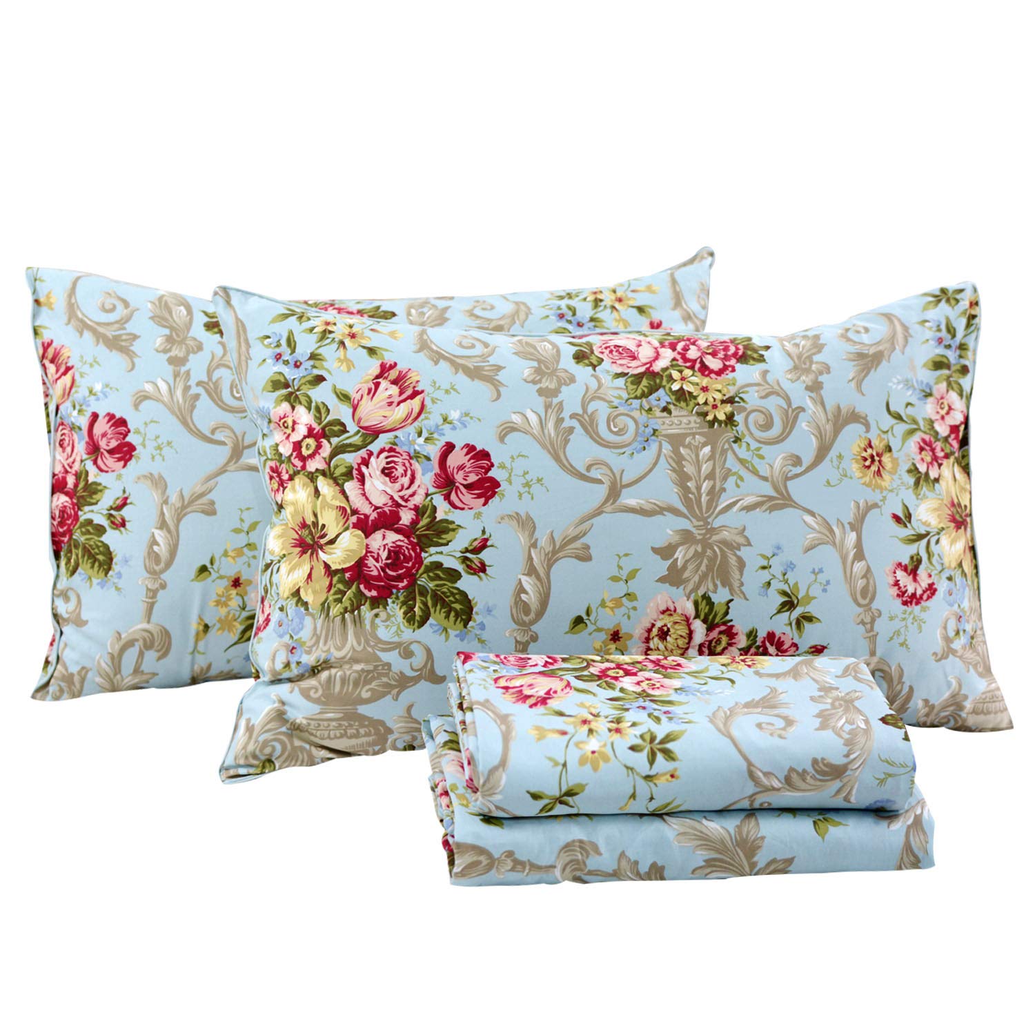 FADFAY Shabby Floral Bedding Elegant Peony Sheets Set Luxury Bedding Collections 800 Thread Count 100% Egyptian Cotton Deep Pocket, 4 Piece-King Size