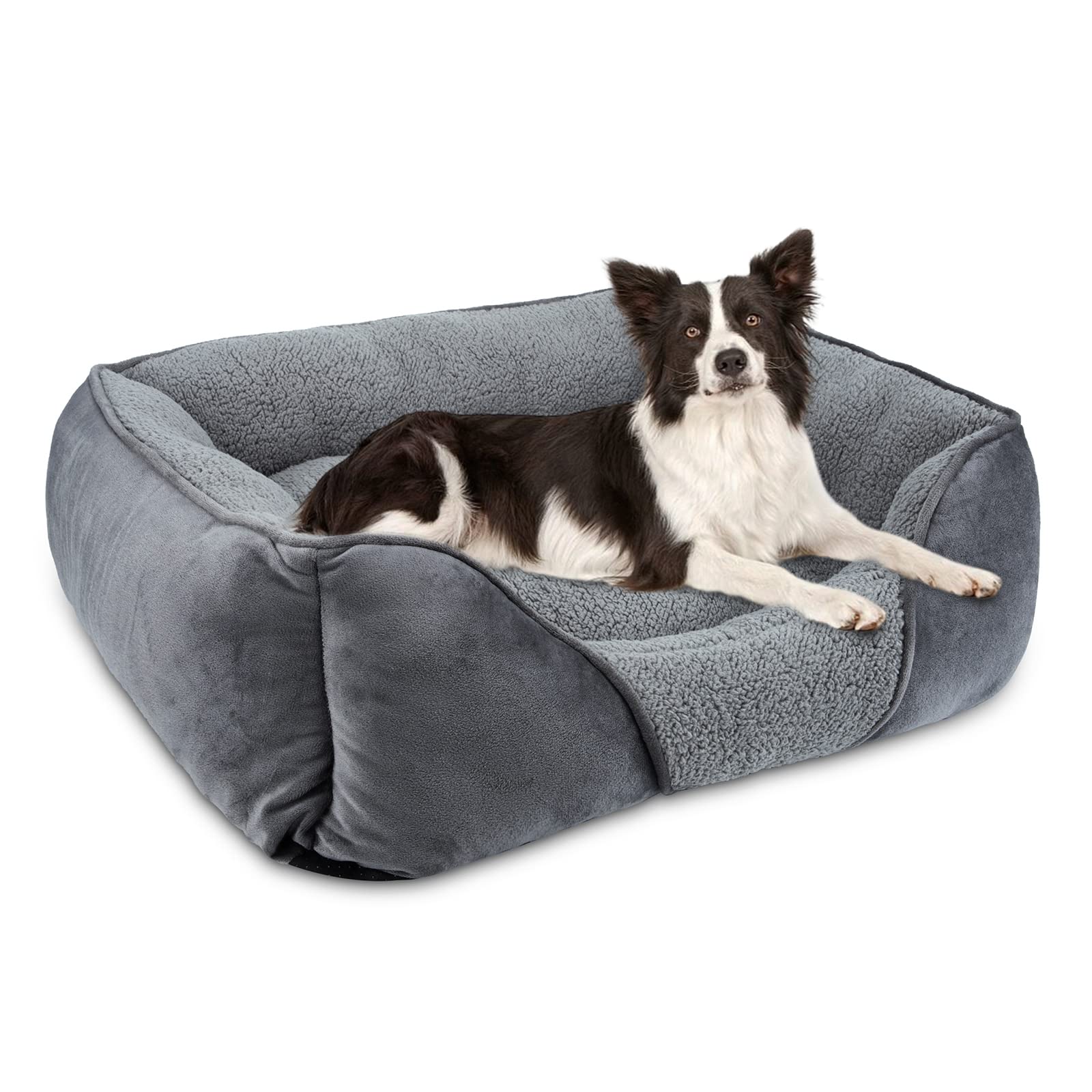 MIXJOY Large Dog Bed Washable, Grey Dog Bed Puppy Beds Orthopedic Pet Bed with Anti-Slip Bottom, Low Front Edge Cat Bed for Border Collie, Golden Retriever, French Bulldog, 76×61×23 cm