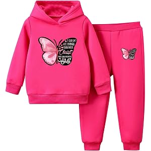 Toddler Girls Solid Color Butterfly Scripture Hoodie & Jogger Pants 2 Piece Faith Tracksuit