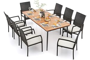 Tangkula 9-Piece Patio Dining Set, 79" Outdoor Acacia Wood Dining Table with 1.9" Umbrella Hole & 8 Rattan-Woven Dining Chair