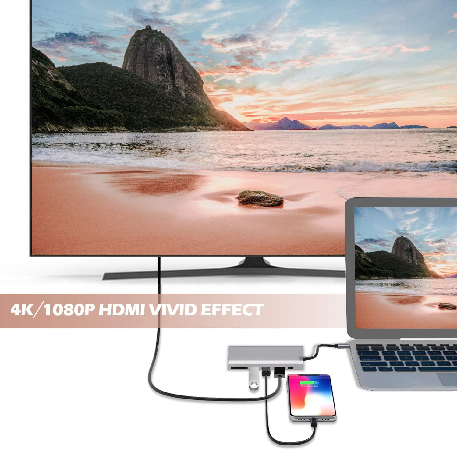USB C Hub, 6 in 1 Aluminum Docking Station, with Ethernet Port, 2 USB 3.0 Ports, 4K HDMI Output, SD Card Reader, Type C Power delivery, Compatible with MacBook Pro, Chromebook and More: Computers & Accessories