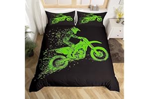 FEELYOU Motocross Rider Bedding Set for Kids Boys Children Extreme Sports Theme Comforter Cover Set Dirt Bike Motorbike Duvet Cover Green Black Room Decor Bedspread Cover Queen Size 3Pcs (No Comforter)