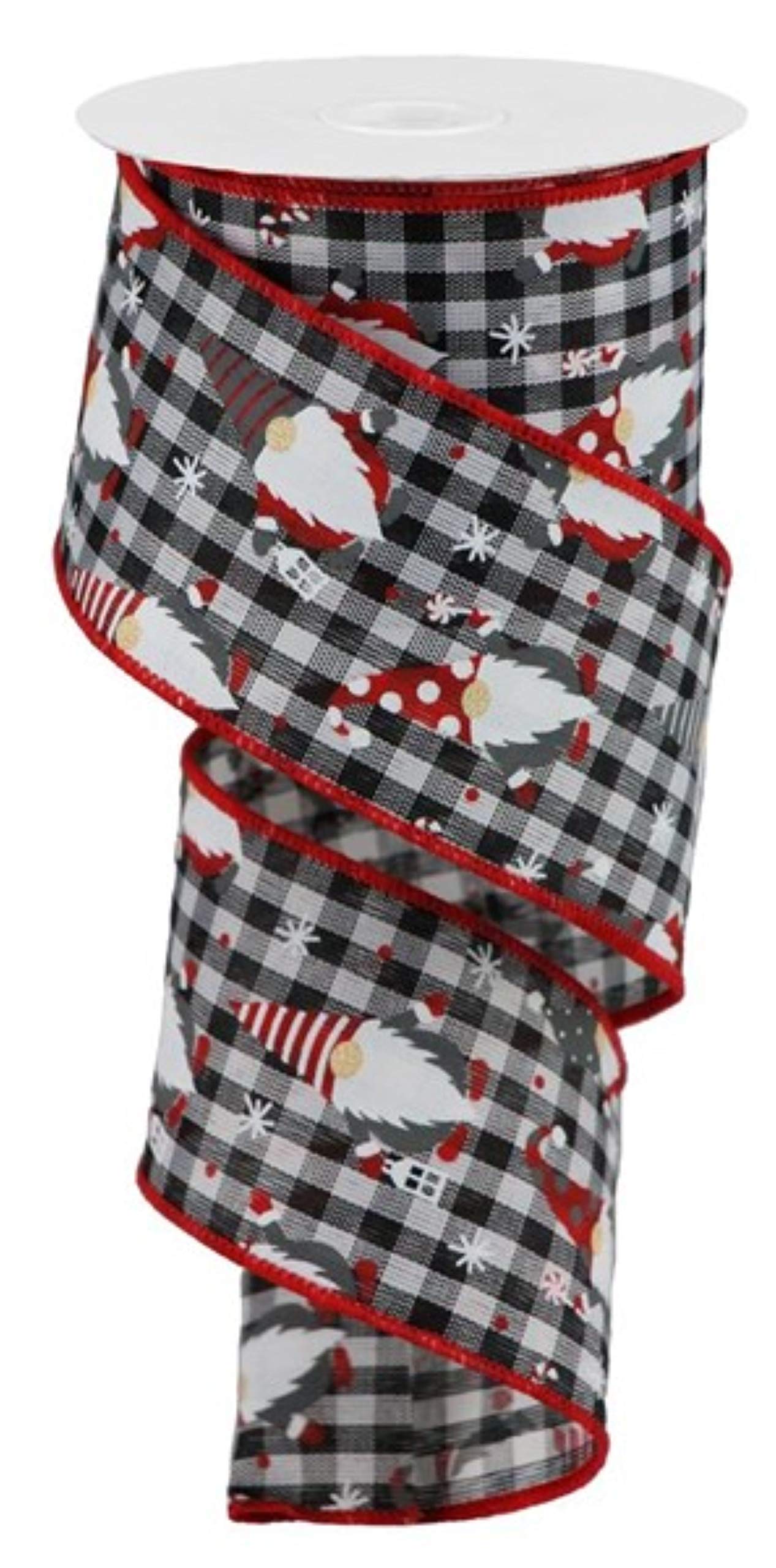 Craig Bachman 2.5" Christmas Gnomes on Check Ribbon: Black/White (10 Yards) Black White Check Gnome Ribbon RGB1074X6