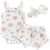 ZZUYFI Newborn Infant Baby Girl Summer Clothes Outfits Set Floral Print Romper Tops Drawstring Short Headband Clothes Set