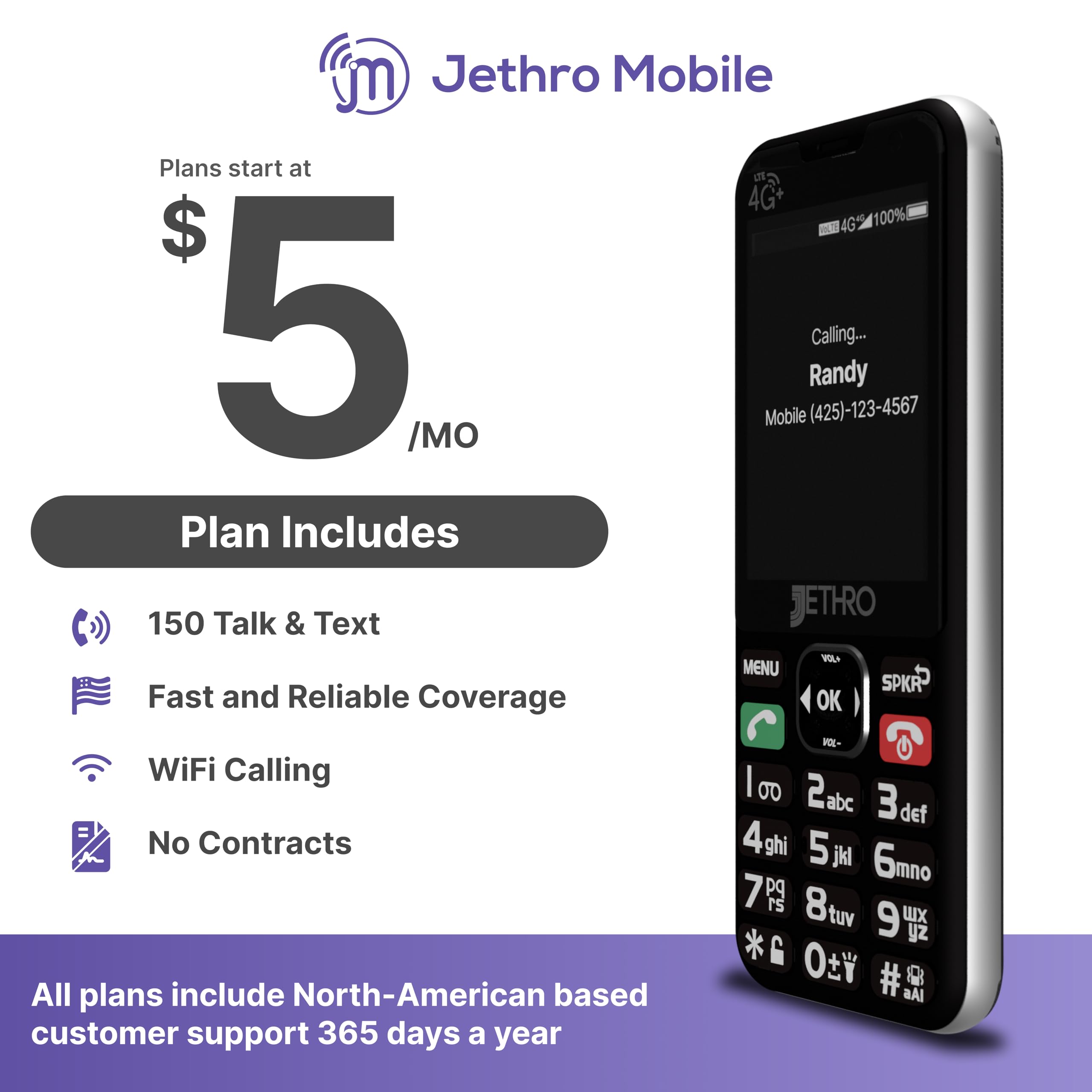 Jethro SC490 4G LTE Cell Phone for Seniors with 30 Day Prepaid Plan: 150 Talk & 150 Texts, No Internet (Black)