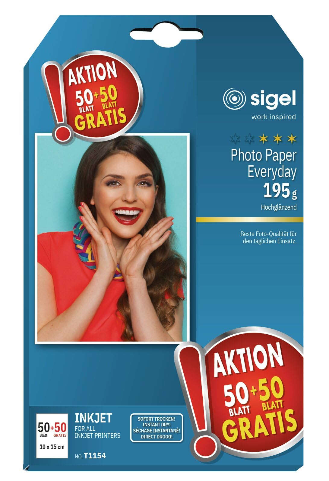 SIGEL T1154 Everyday Photo Paper, InkJet, glossy, 195 gsm, 10 x 15 cm, 50 + 50 sheets for free