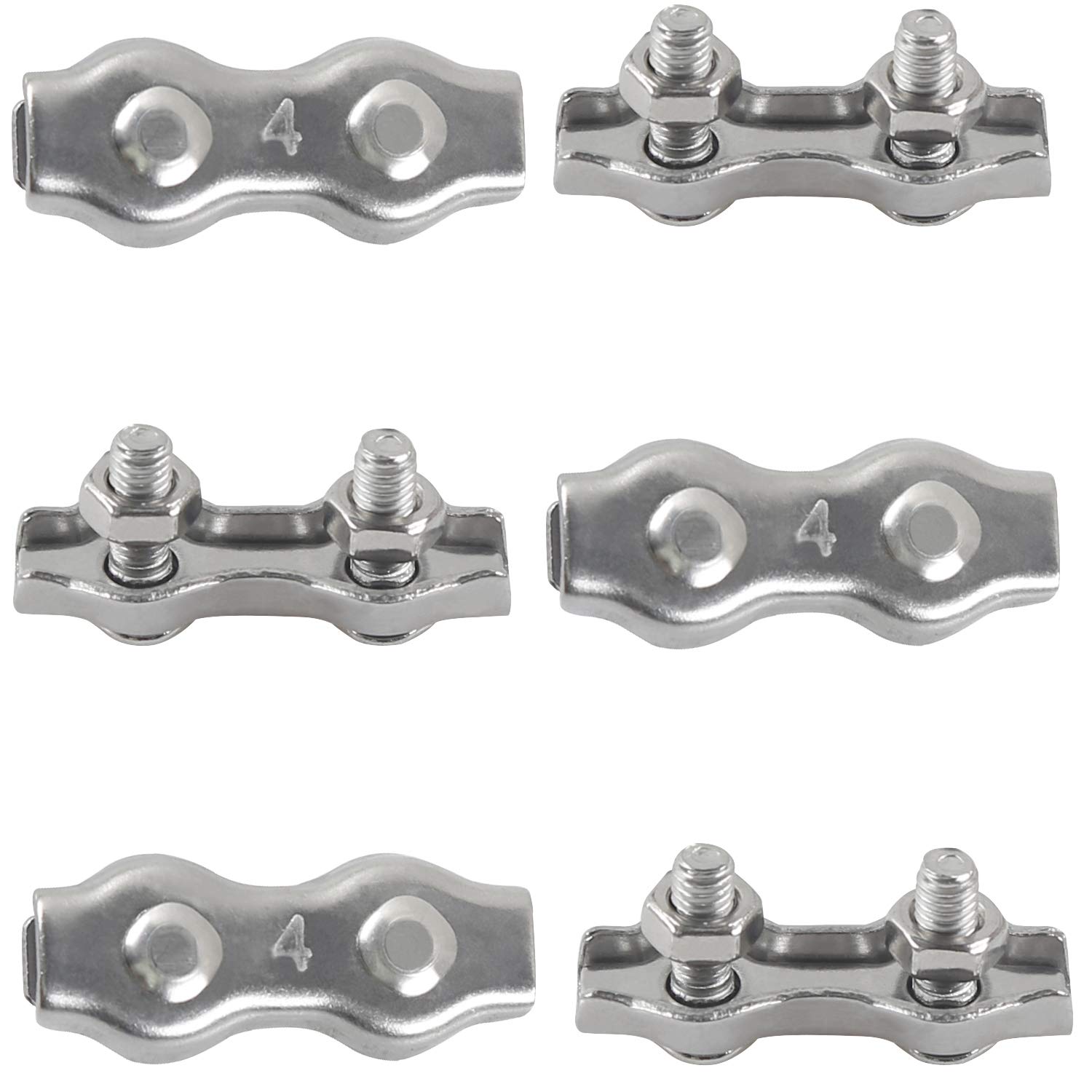 Rshuhx M4 Duplex Clamp 304 Stainless Steel Heavy Duty Wire Rope Clips Duplex Bolt Cable Clamp for Wire Rope Clotheslines Fixed Patio Hanging Sun Sails 6PCS