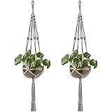 Mkono Macrame Plant Hangers Indoor Outdoor Hanging Planter Basket Cotton Rope 4 Legs 41 Inch, 2 Pack, Grey