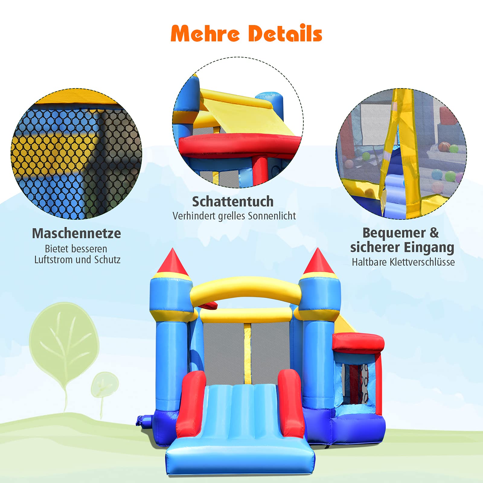 COSTWAY Kinder aufblasbare Hüpfburg, Hüpfburg mit Rutsche, Ballgrube, Reparaturflicken, Aufbewahrungstasche, Kinder-Hüpfburg für Hinterhof, Indoor & Outdoor-Einsatz 270x240x196cm 6