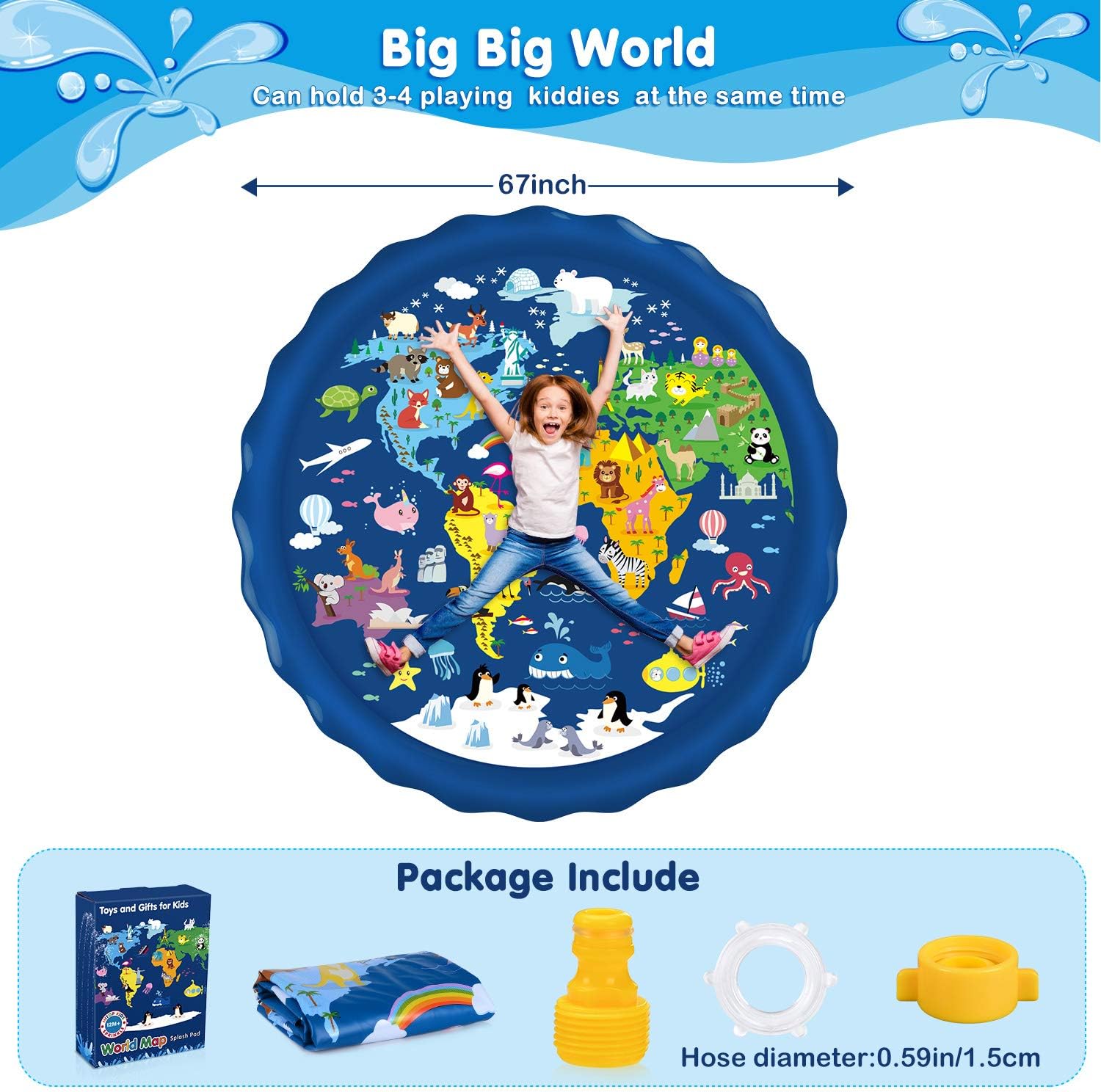 MAGIFIRE Splash Pad, Sprinkler for Kids & Baby Pool 3-in-1 67" Water Toys Gifts for 1 2 3 4 5 Year Old Boys Girls Toddler Splash Play Mat(Map): Toys & Games