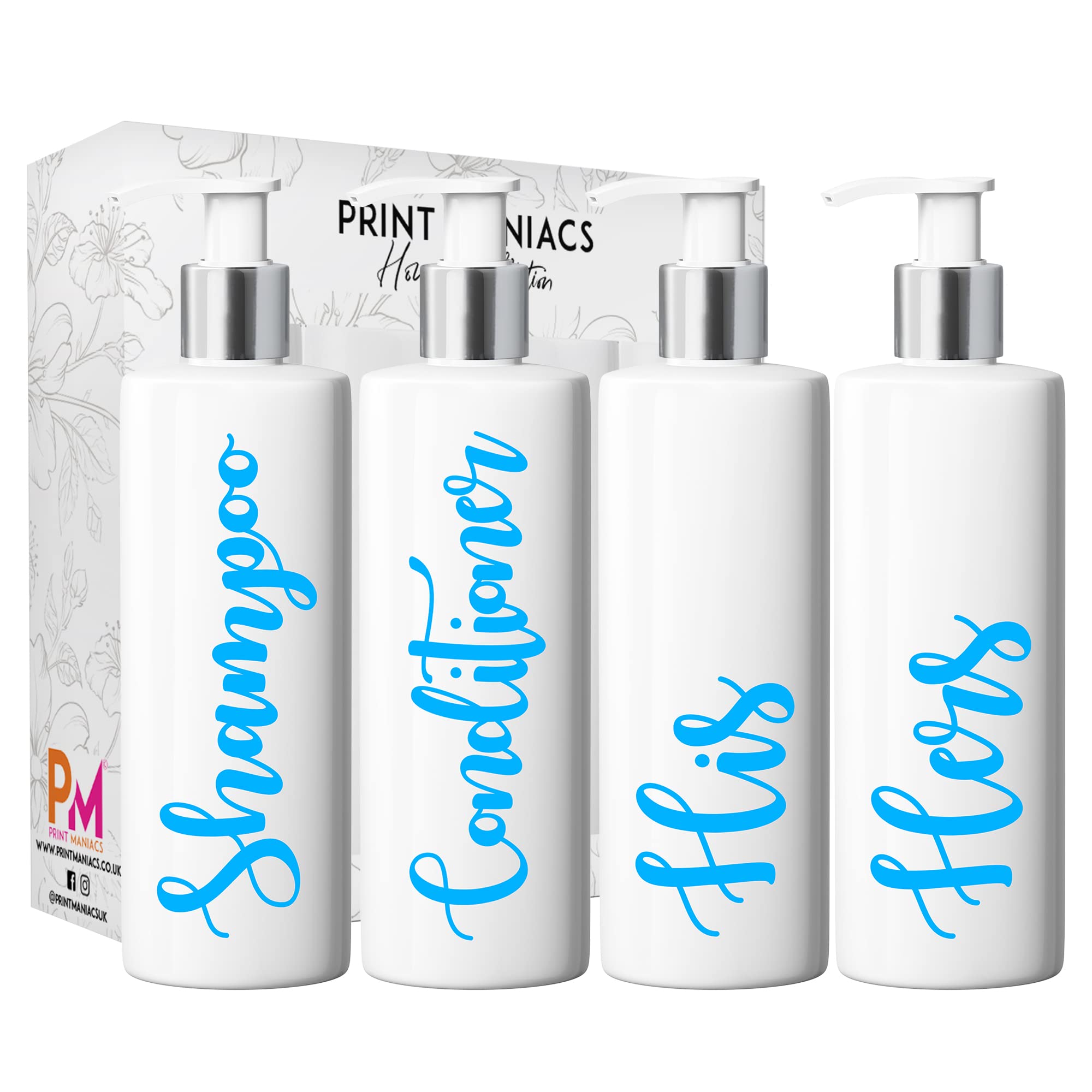 Print Maniacs White Mrs Hinch Inspired Personalised 500ml Pump Bottles Bathroom Lotion Kitchen Set Shampoo Conditioner (Set 4 His Her ) (Baby Blue)