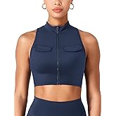 YEOREO CoreFlex Women Cargo Tank Top Summer Full Zip Workout Racerback Mock Pocket Fitted Sleeveless Fitness Gym Vest