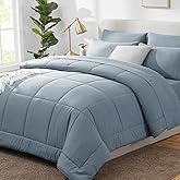 CozyLux Queen Comforter Set Grayish Blue, 7 Pieces Bed in a Bag, Blue Comforter Queen Size, All Season Bedding Sets with Stitch Quilted Comforter, Flat Sheet, Fitted Sheet, Pillowcases