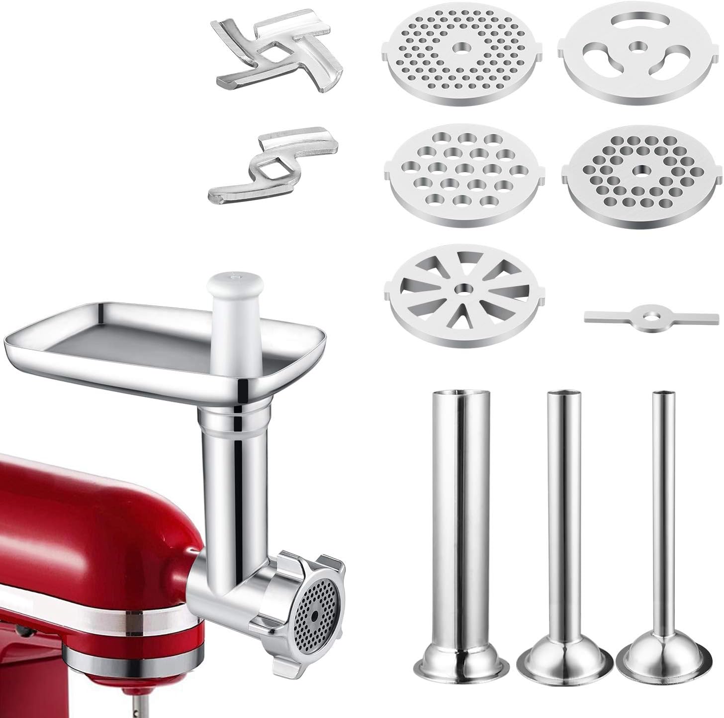 Gdrtwwh Metal Food Grinder Attachment Compatible with All KitchenAid Stand Mixers and PHISINIC Stand Mixer,Includes 3 Sausage Stuffer Tubes