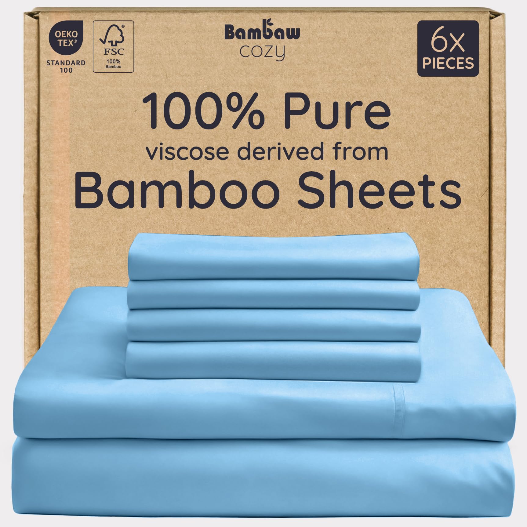 Photo 1 of Bambaw 6pcs Set of 100% Viscose Derived from Bamboo Sheets for Queen Size Bed - Cooling Sheets Queen Size Deep Pocket, Fits Up to 16'' Mattresses, Super Soft Sheets Queen Size (Dream Blue)