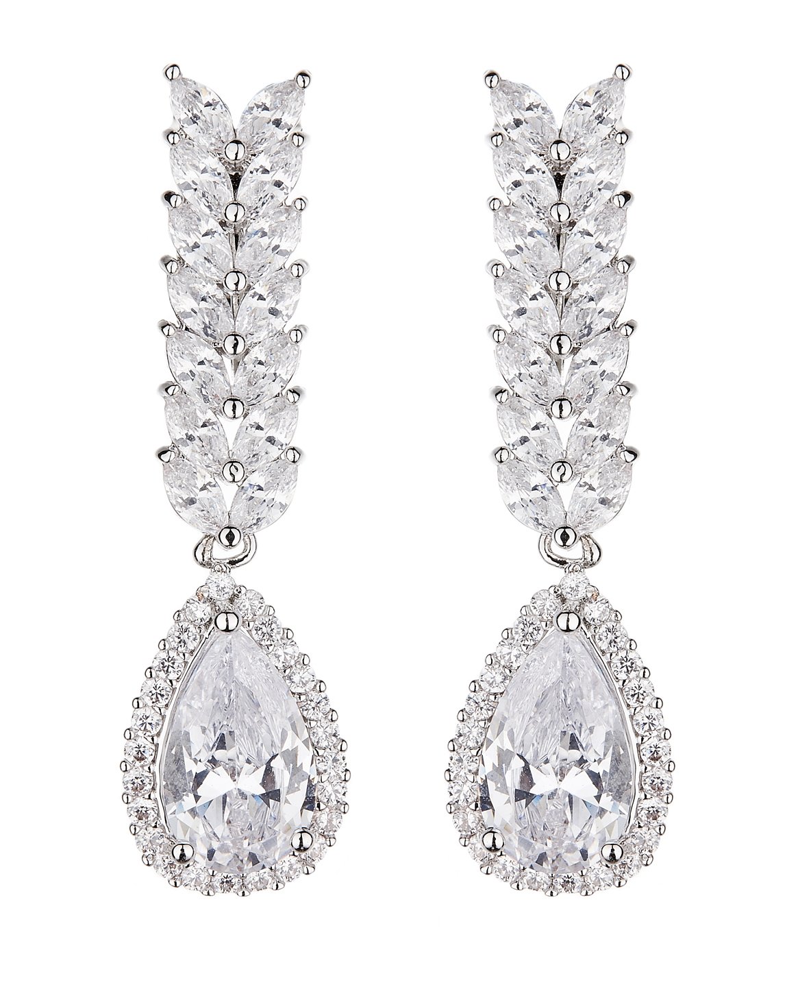 Luxury Clip On Earrings - Silver Plated Drop With Cubic Zirconia Crystals And Stones - Neena
