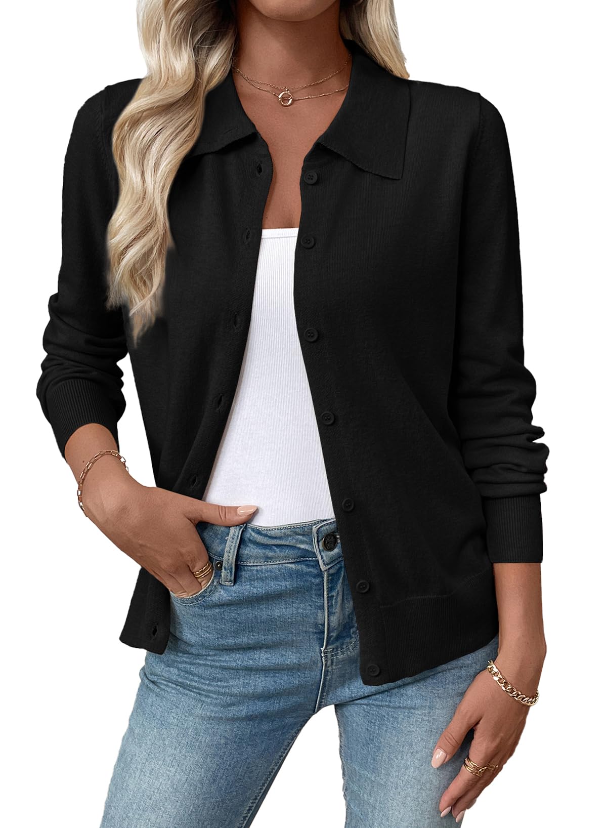 Photo 1 of ***ITEM CORRECT***EVALESS Cardigan Sweaters for Women Lightweight Trendy Long Sleeve Lapel Collar Button Down Sweaters Fall Fashion 2025 Wool Blend Knit Cardigans Sweater Tops Fall Outfits Black Small
