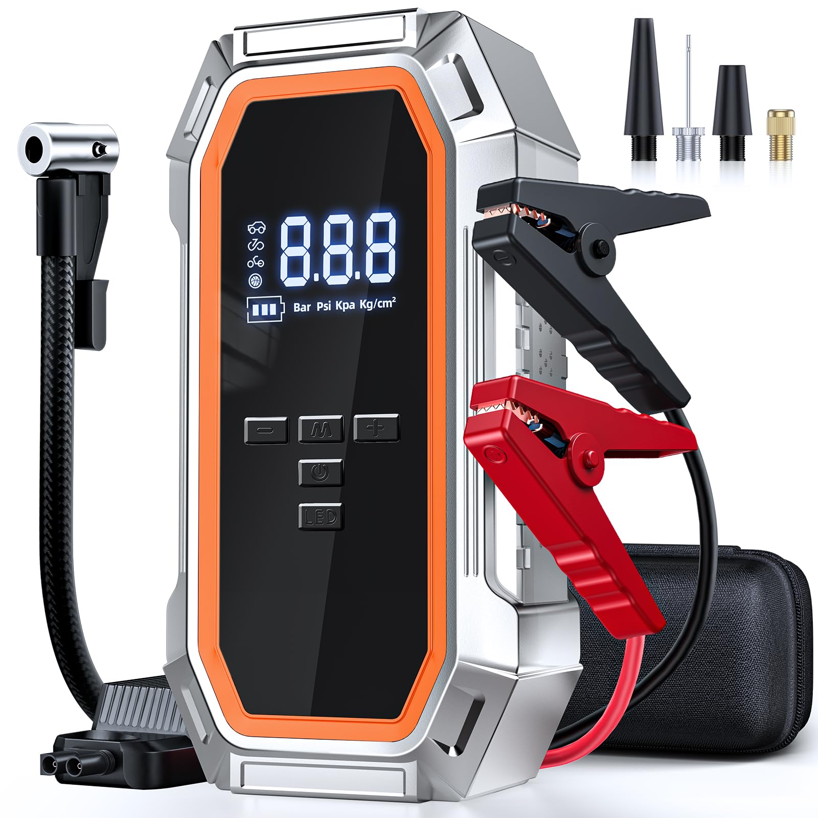 Photo 1 of Jump Starter with Air Compressor, 5000A Peak Car Battery Jump Starter(9.0 Gas/8.0L Diesel), 160PSI 12V Jump Box Car Battery Jumper Starter Portable with Jumper Cables, LED Lights, LCD Display, Orange
