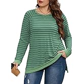 VISLILY Womens-Plus-Size-Sweatshirts Trendy Striped Color Block Tops Casual Raglan Long Sleeve Shirts Side Split Hem Tunics