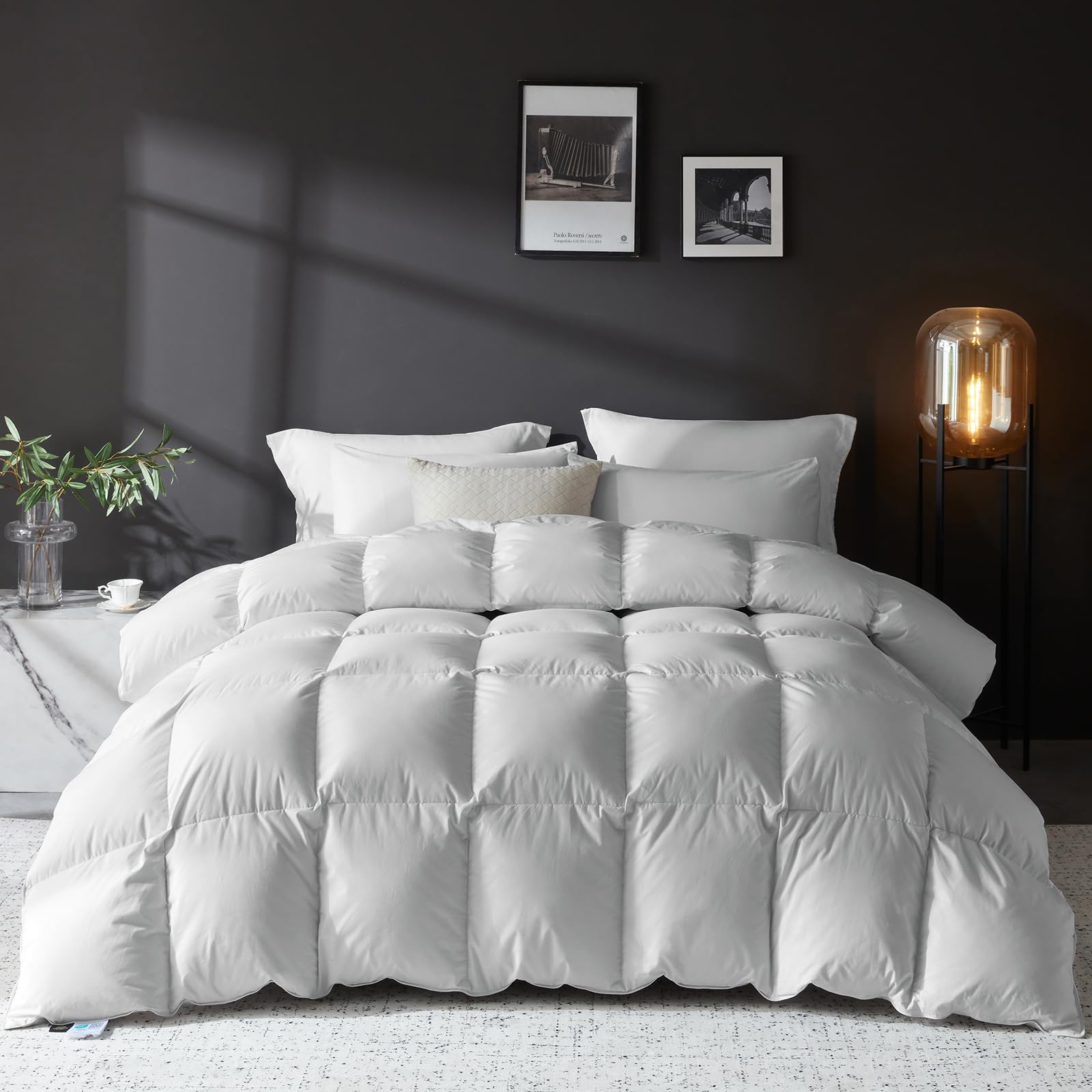 Photo 1 of L LOVSOUL Goose Feather Down Fiber Comforter King Size, 100% Organic Cotton Fabric Duvet Insert,1200TC,750+FP, Hotel Collection, All Season Light Grey Bedding Comforters with 8 Tabs