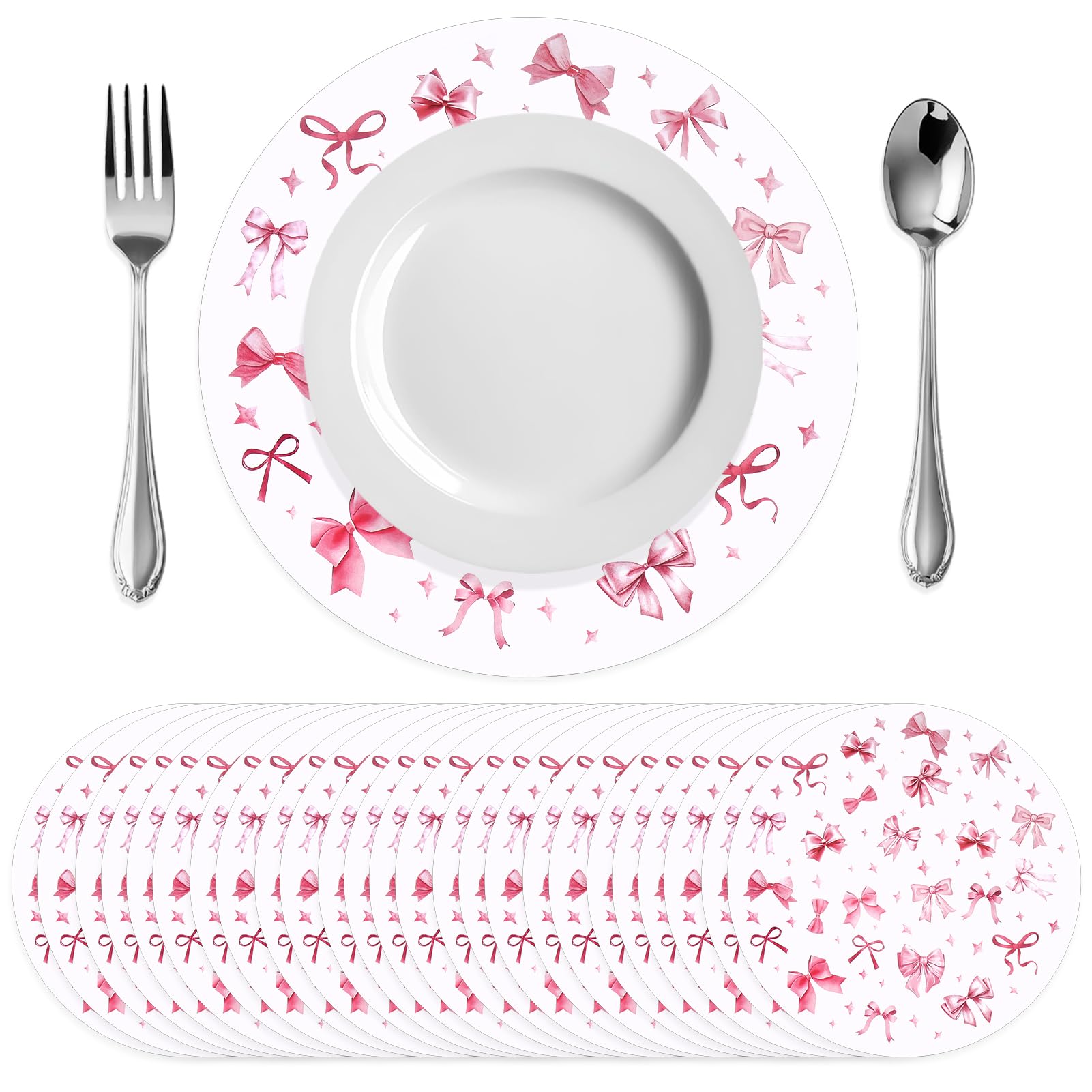 Photo 1 of 100 Pcs Pink Bow Paper Placemats,13.4 Inch Round Coquette Bowknot Table Mats Disposable Tableware for Bachelorette Bridal Shower Birthday Party Decorations