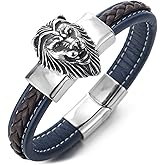 COOLSTEELANDBEYOND Mens Large Navy Blue Brown Braided Leather Straps Bangle Bracelet with Stainless Steel Lion Head