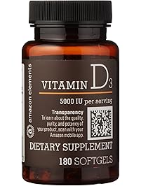Amazon Brand - Amazon Elements Vitamin D3, 5000 IU, 180 Softgels, 6 Month Supply