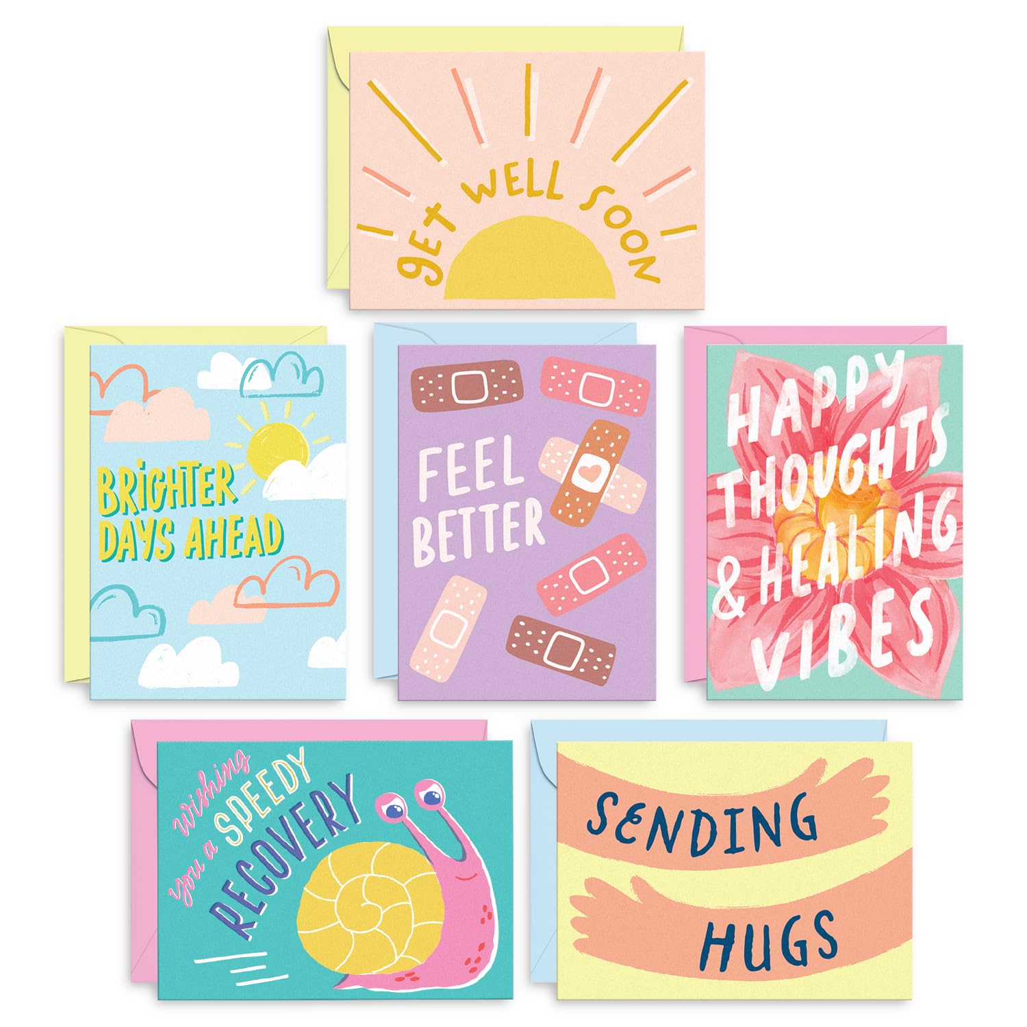 S&O Fun Get Well Cards with Envelopes, Colorful Card Set of 24 - Cute Gifts for Men & Women - Get Better Soon sheets w/Message - Assortment Greeting Note Box - Speedy Recovery Decor Sheets
