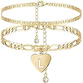YANODA Initial Ankle Bracelets for Women, Layered Gold Anklets for Women 14k Real Gold Filled Figaro Letter Anklets for women waterproof Summer Jewelry Personalized Gifts for Women