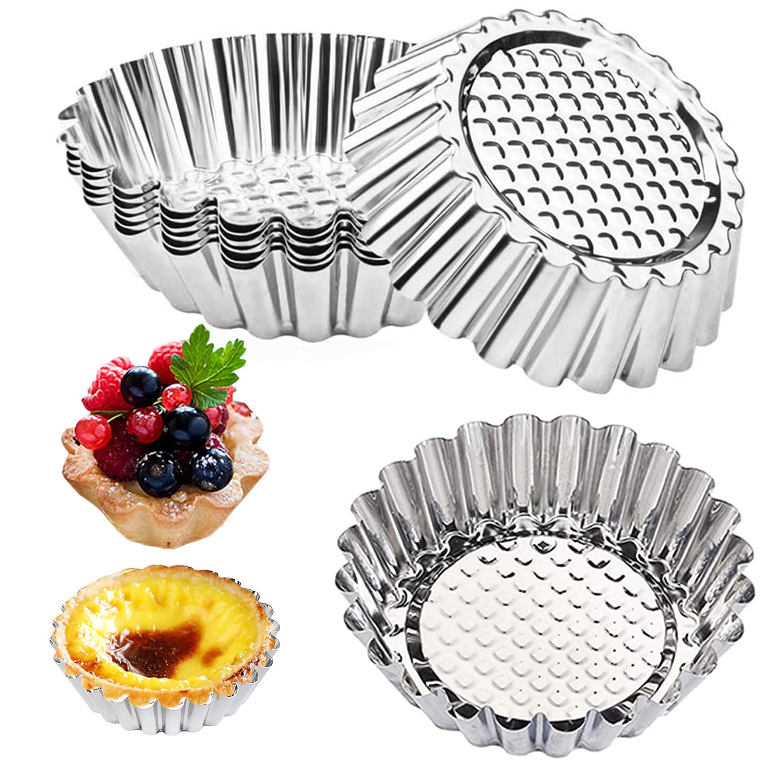 NCOALE Tart Tins, 8PCS Stainless Steel Non Stick Egg Tart Mould, Fluted Round Pie Tin for Baking Quiche Pie Egg Tart Tartlet Pudding Cake Baking Tool (3.7inch)