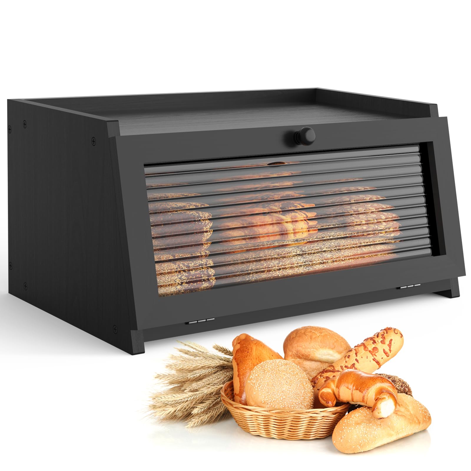 Photo 1 of LOHASOK Bread Box for Kitchen Countertop Large Bread Box Farmhouse Bread Container Bread Storage with Window Bread Holder Black