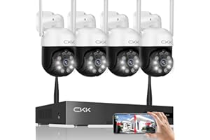 3MP PTZ CKK Wireless Security Camera System Outdoor, 4pc Security Cameras Wireless Outdoor, 10 Channel WiFi CKK Camera, Floodlights & Siren Alarm, 2 Way Audio, AI Human Detection,No HDD