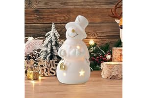 Light up White Ceramic Snowman Decor LED Lighted Porcelain Snowman Tabletop Figurines Battery Operated Winter Fireplace Mante