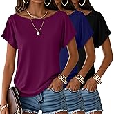 Huukeay 3 Pack Boat Neck Off The Shoulder Tops for Women, Short Sleeve Loose Shirts Causal Oversized Tunic Basic Tees