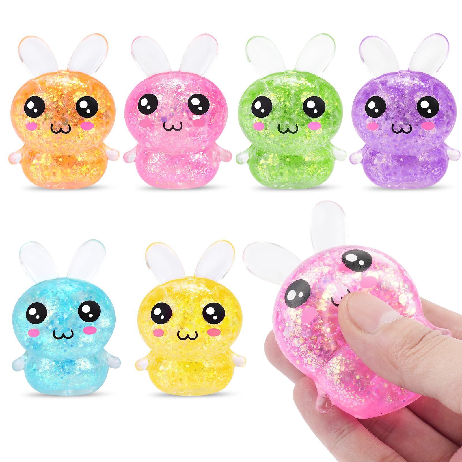 AONSOULE Easter Egg Filler for Teens Kids - 6PCS Glitter Sugar Squishy Toys, Bunny Stress Balls Easter Egg Stuffers for Adults