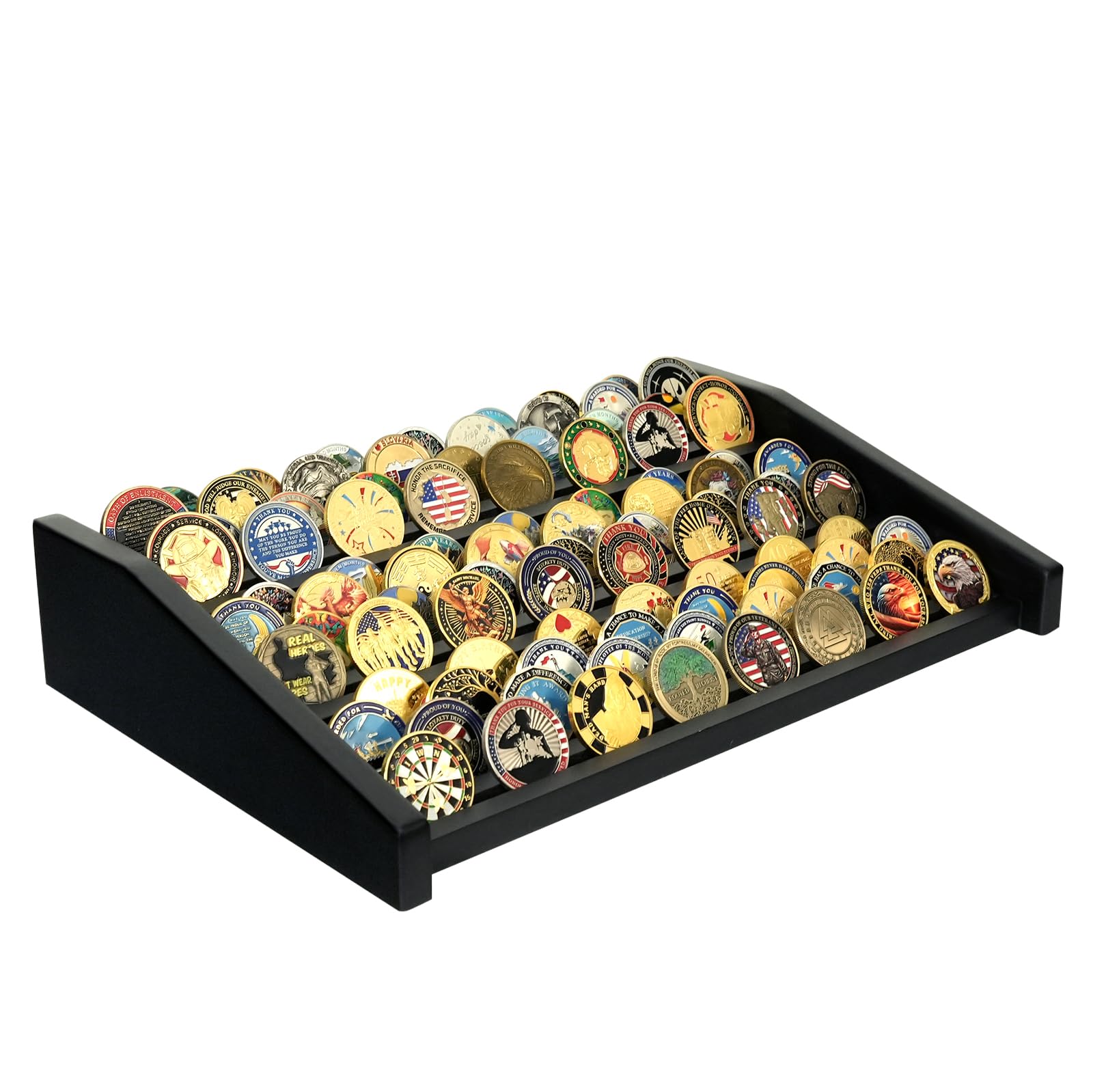 Photo 1 of Challenge Coin Display Holder, 12 Rows Solid Wood Military Coin Stand Holds 80-100 Coins, Army Coin Display Rack for Desk (Black Finish)